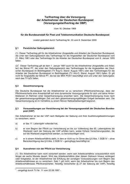 Tarifvertrag über die Versorgung der Arbeitnehmer der 