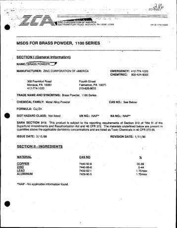 MSDS FOR BRASS PDWDER, 1100 SERIES '