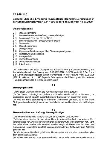 AZ 968.110 Satzung über die Erhebung Hundesteuer ... - in Ditzingen