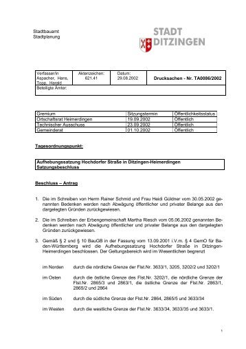 Stadtbauamt Stadtplanung Drucksachen - Nr. TA0086 ... - in Ditzingen