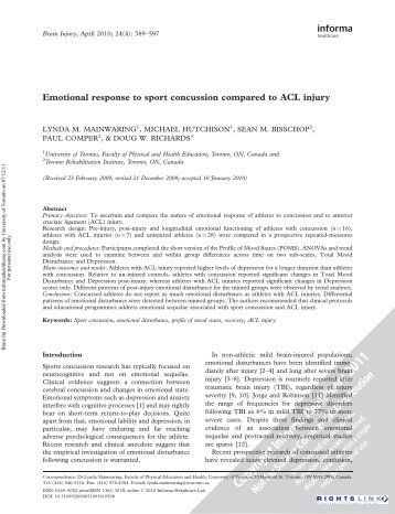 Emotional response to sport concussion compared to ACL injury