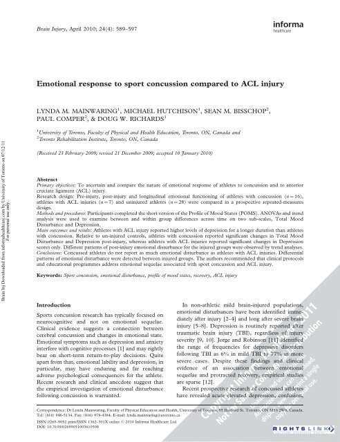 Emotional response to sport concussion compared to ACL injury