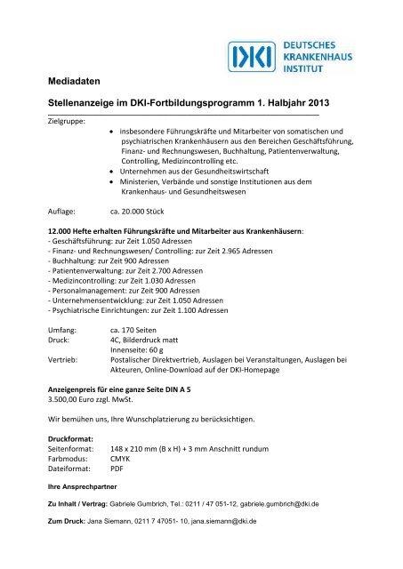 Mediadaten Stellenanzeige im DKI-Fortbildungsprogramm 1 ...