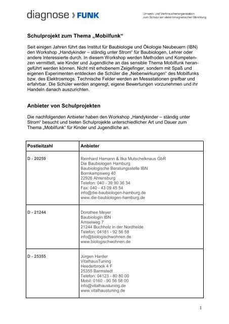 Schulprojekt zum Thema „Mobilfunk“ Anbieter von ... - Diagnose Funk