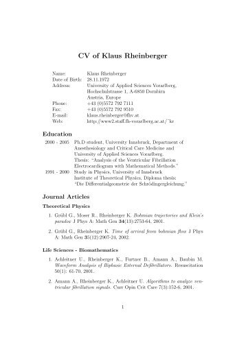 CV of Klaus Rheinberger