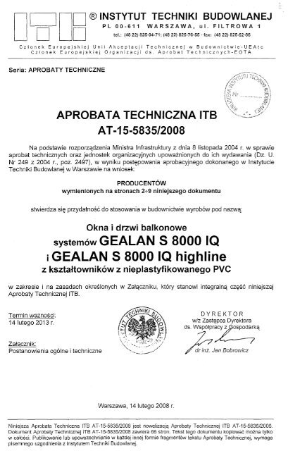 Aprobata techniczna systemu Gealan S 8000 IQ i - Okna pcv