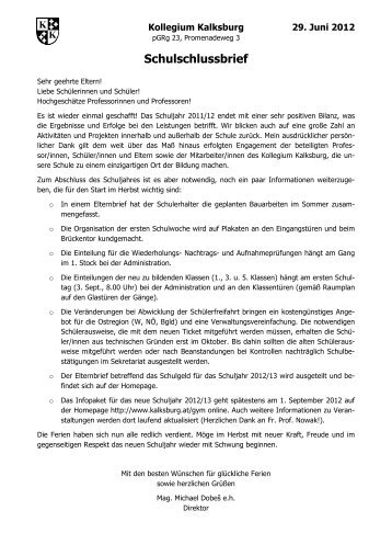 Schulschlussbrief - Kollegium Kalksburg