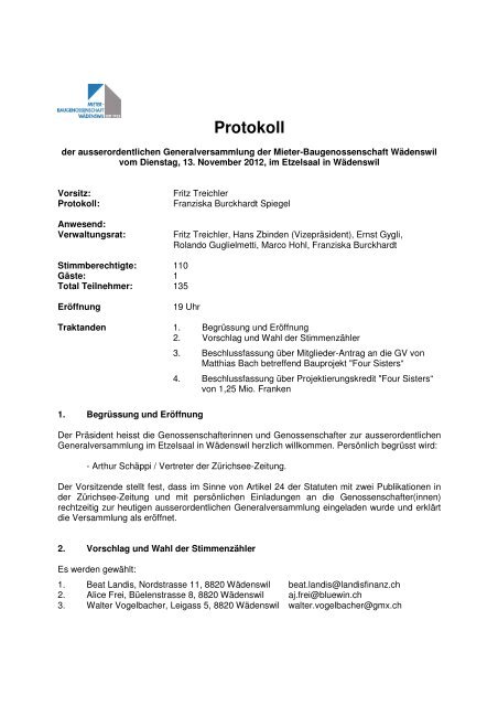 Protokoll - Mieter-Baugenossenschaft Wädenswil