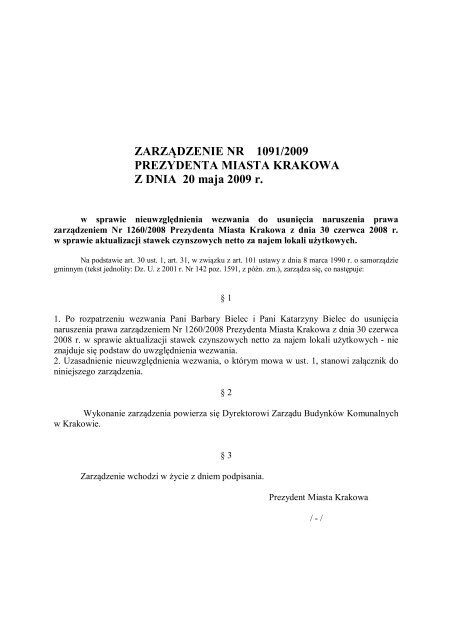 ZARZĄDZENIE NR 1091/2009 PREZYDENTA MIASTA KRAKOWA Z ...