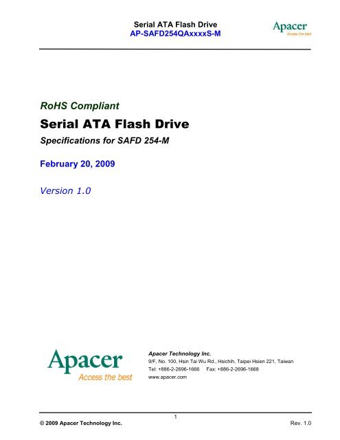 Specifications for SAFD 254-M February 20, 2009 Version 1.0 - Apacer