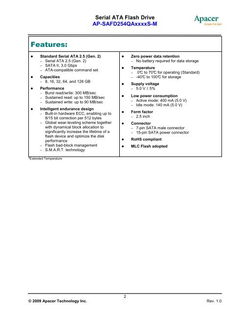 Specifications for SAFD 254-M February 20, 2009 Version 1.0 - Apacer