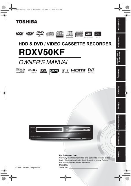 Hdd Dvd Video Cassette Recorder Rdxv50kf Toshiba Om Net