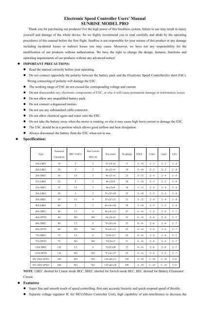 Electronic speed controller users' manual sunrise model pro