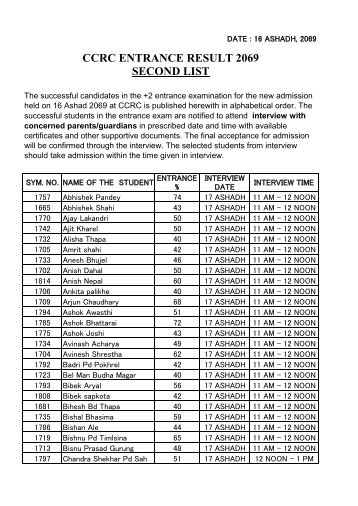 CCRC ENTRANCE RESULT 2069 SECOND LIST