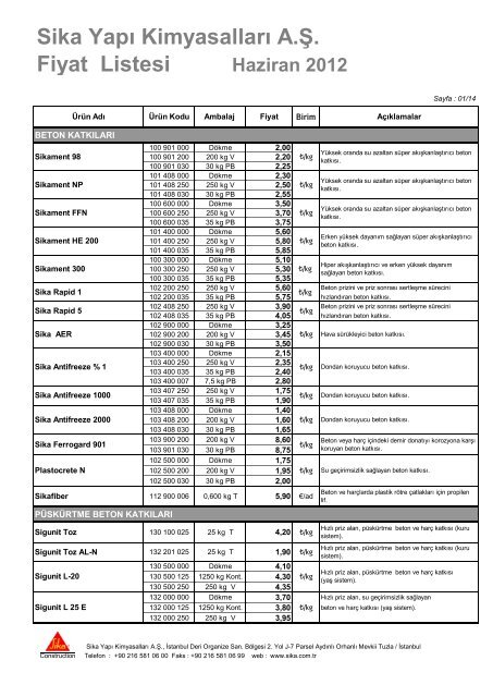 Sika Yapı Kimyasalları A.Ş. Fiyat Listesi - Himerpa