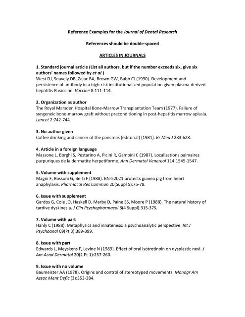 Reference Examples For The Journal Of Dental Research Reference Examples For The Journal Of Dental Research