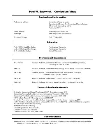 Paul W. Eastwick – Curriculum Vitae - The University of Texas at ...