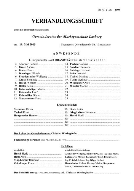 VERHANDLUNGSSCHRIFT - Marktgemeinde Lasberg