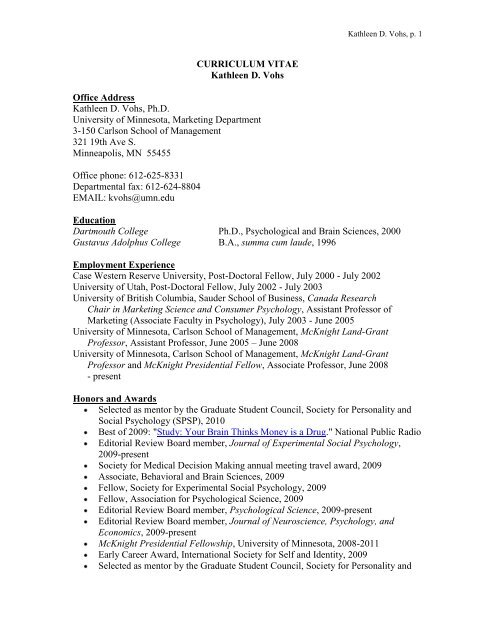 CURRICULUM VITAE - Carlson School of Management - University ...