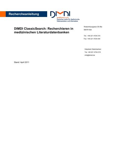 Rechercheanleitung DIMDI ClassicSearch: Recherchieren in ...