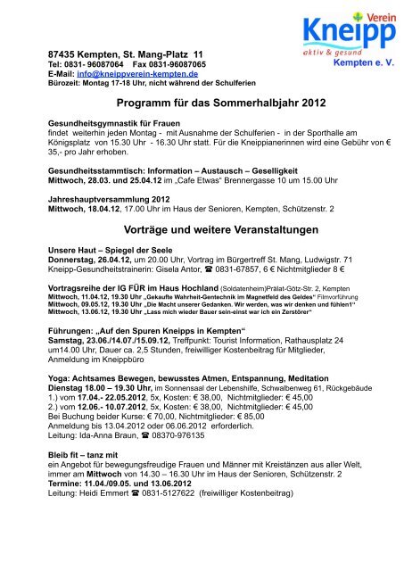 Programm Fur Das Sommerhalbjahr 2012 Kneipp Verein Kempten