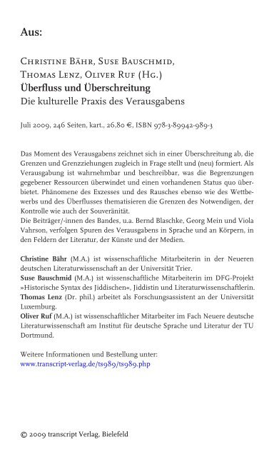 Christine Bähr, Suse Bauschmid, Thomas Lenz ... - transcript Verlag