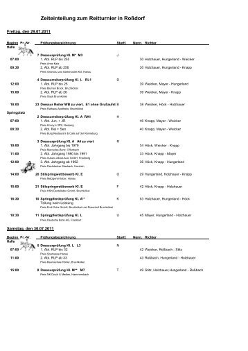 Zeiteinteilung zum Reitturnier in Roßdorf