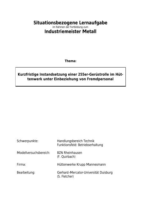 Situationsbezogene Lernaufgabe Industriemeister Metall - Meistersite