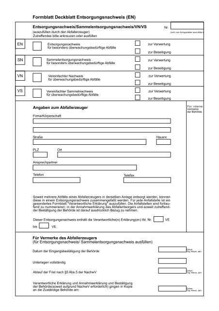 Formblatt Deckblatt Entsorgungsnachweis (EN)