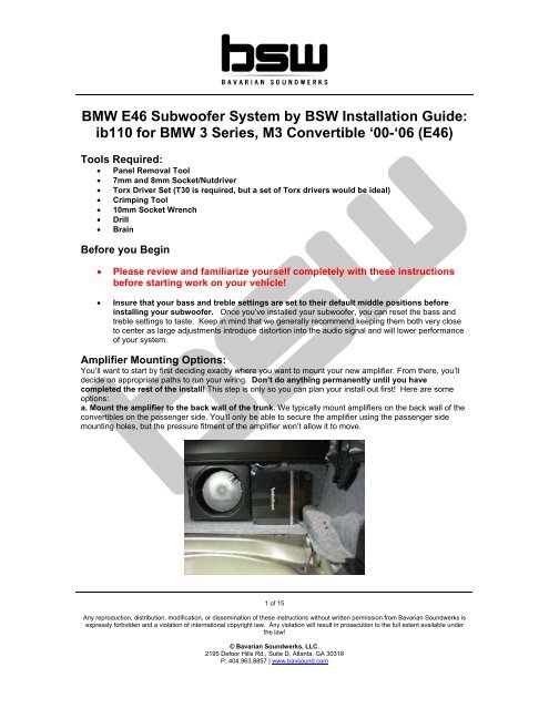 BMW E46 Subwoofer System by BSW Installation Guide - Bavarian ...