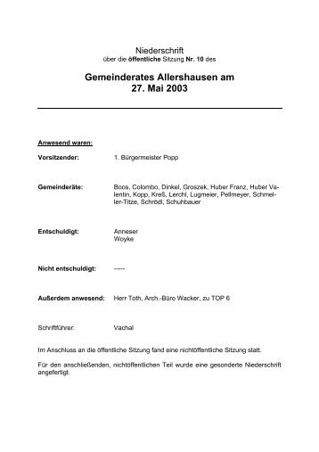 Gemeinderates Allershausen am 27. Mai 2003