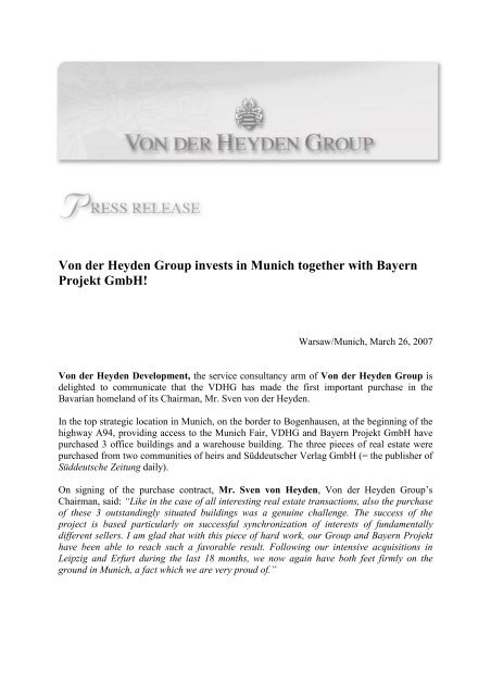 Von der Heyden Group invests in Munich together with Bayern ...