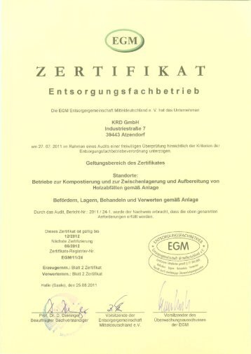 EfB-Zertifikat KRD GmbH - bei der REKO Gruppe - REKO GmbH