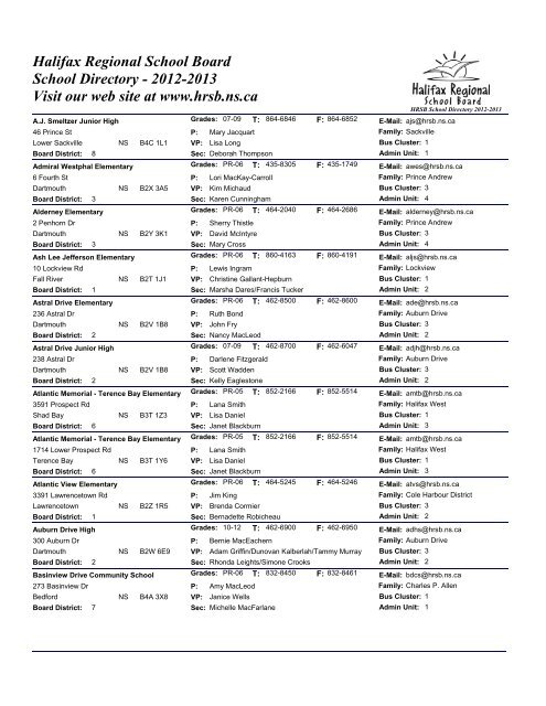 Halifax Regional School Board School Directory - 2012-2013 Visit ...