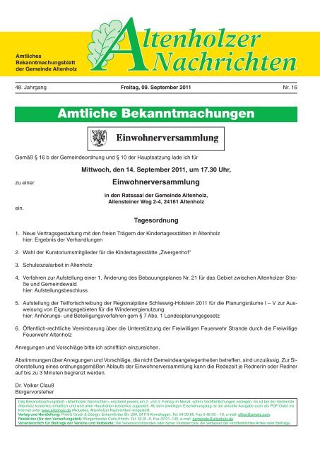 Amtliche Bekanntmachungen - bei der Gemeinde Altenholz