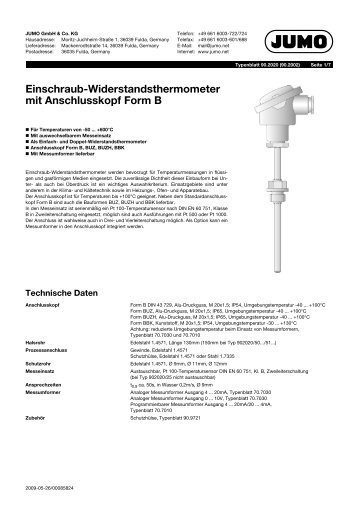 Einschraub-Widerstandsthermometer mit Anschlusskopf ... - Jumo