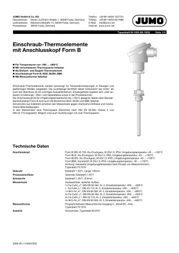 Einschraub-Thermoelemente mit Anschlusskopf Form B - Jumo