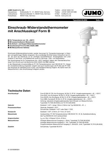 Einschraub-Widerstandsthermometer mit Anschlusskopf ... - Jumo