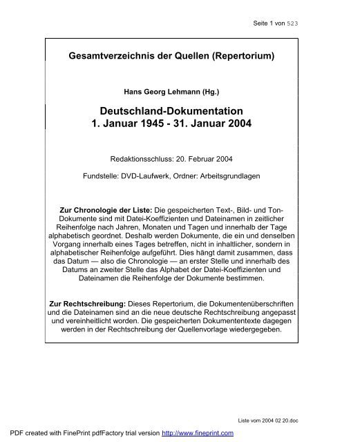 Deutschland-Dokumentation 1. Januar 1945 - 31. Januar 2004