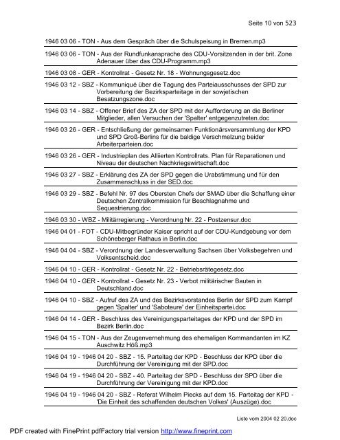 Deutschland-Dokumentation 1. Januar 1945 - 31. Januar 2004