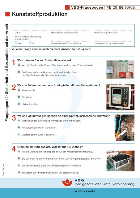 Fragebogen für Sicherheit und Gesundheit bei der Arbeit  - VBG