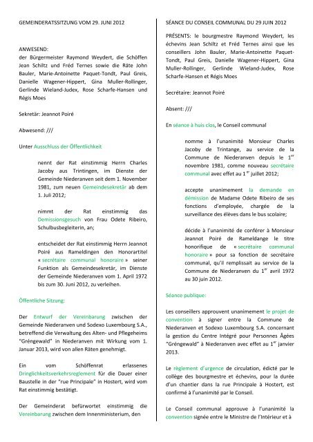 GEMEINDERATSSITZUNG VOM 29. JUNI 2012 ANWESEND: der ...