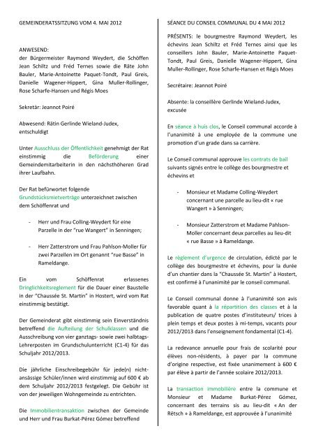 GEMEINDERATSSITZUNG VOM 4. MAI 2012 ANWESEND: der ...