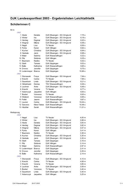 DJK Landessportfest 2003 - Ergebnislisten Leichtathletik