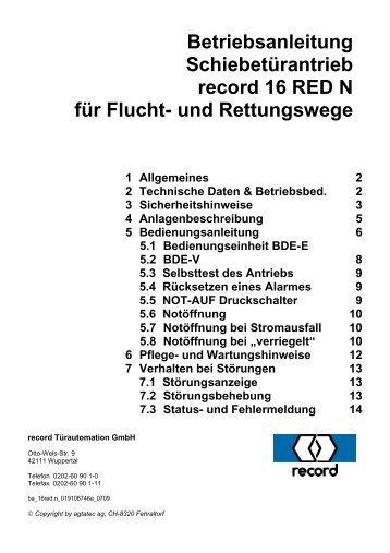 Betriebsanleitung Fluchtweg - record Türautomation GmbH