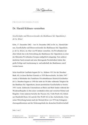 Dr. Harald Kühnen verstorben - Sal. Oppenheim