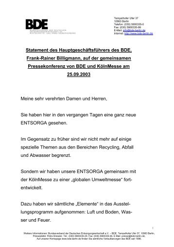 Statement des Hauptgeschäftsführers des BDE, Frank-Rainer ...