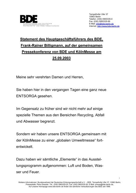 Statement des Hauptgeschäftsführers des BDE, Frank-Rainer ...