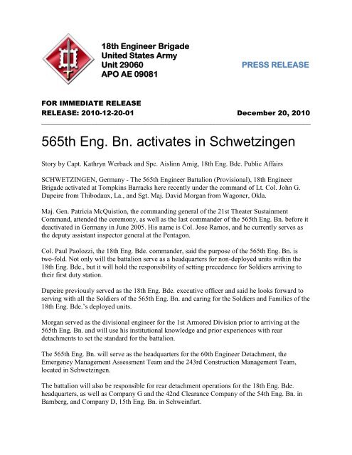 565th Eng. Bn. activates in Schwetzingen - US Army in Europe