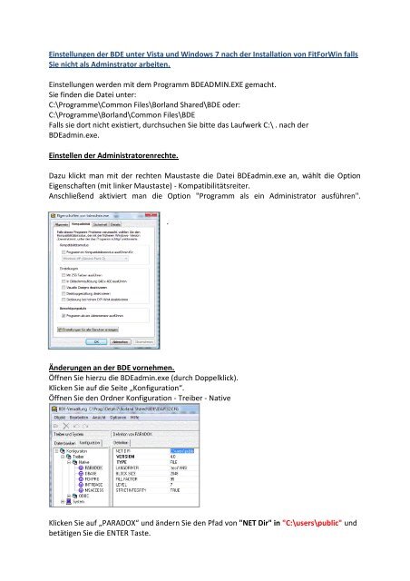 Einstellungen der BDE unter Vista und Windows 7 nach ... - FitForWin